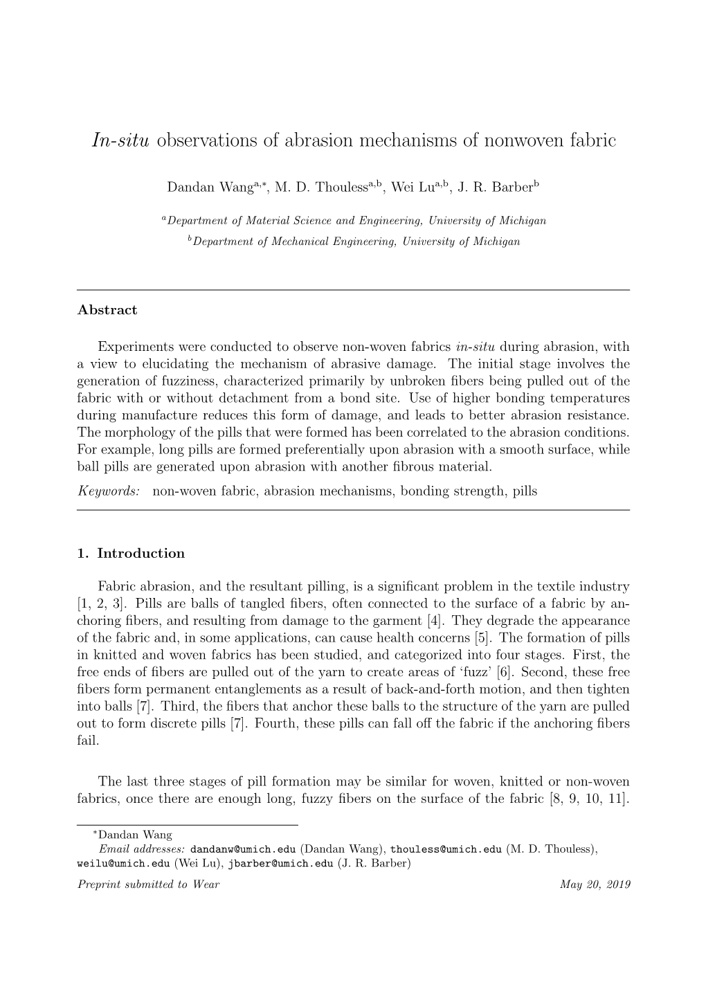 In-Situ Observations of Abrasion Mechanisms of Nonwoven Fabric