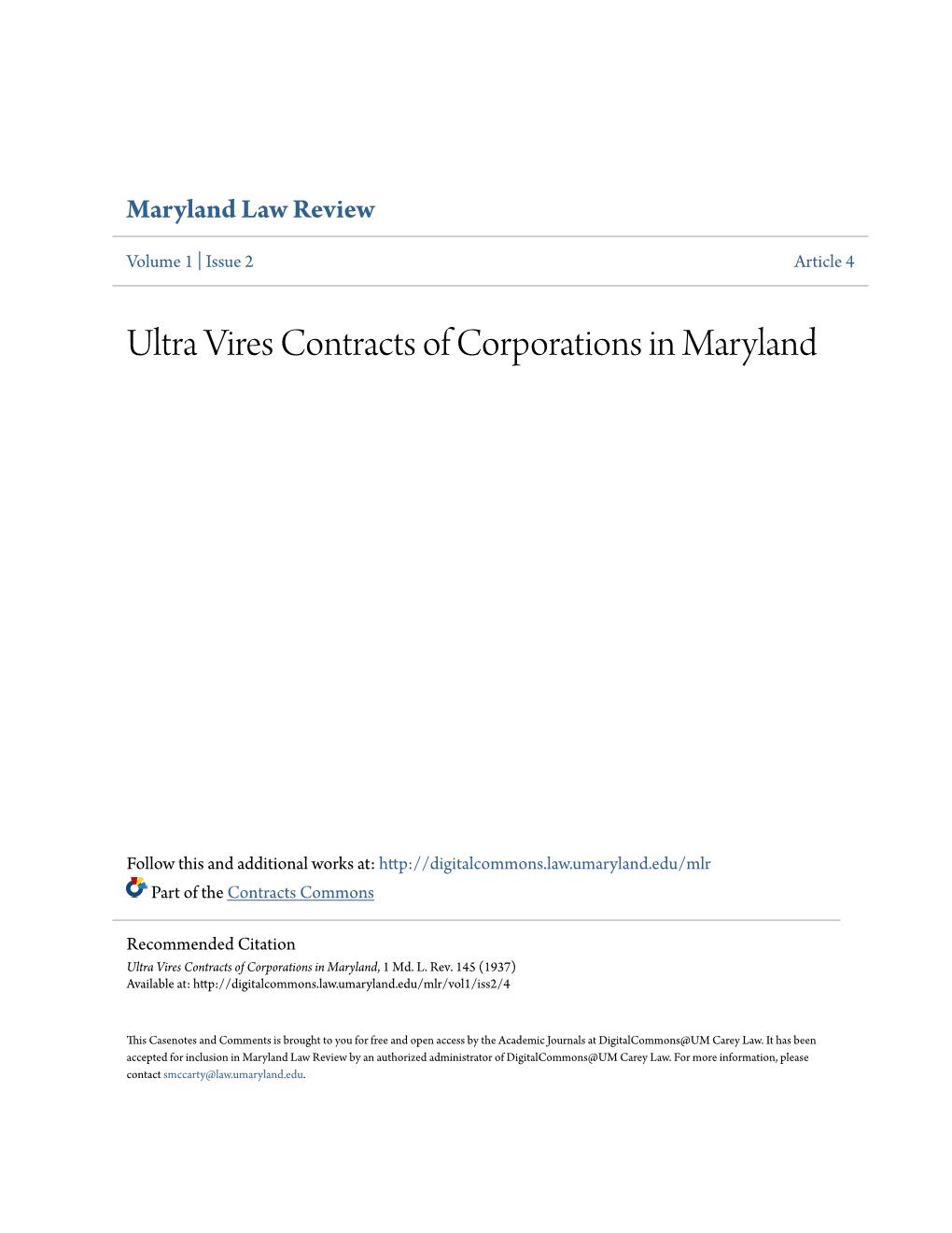 Ultra Vires Contracts of Corporations in Maryland