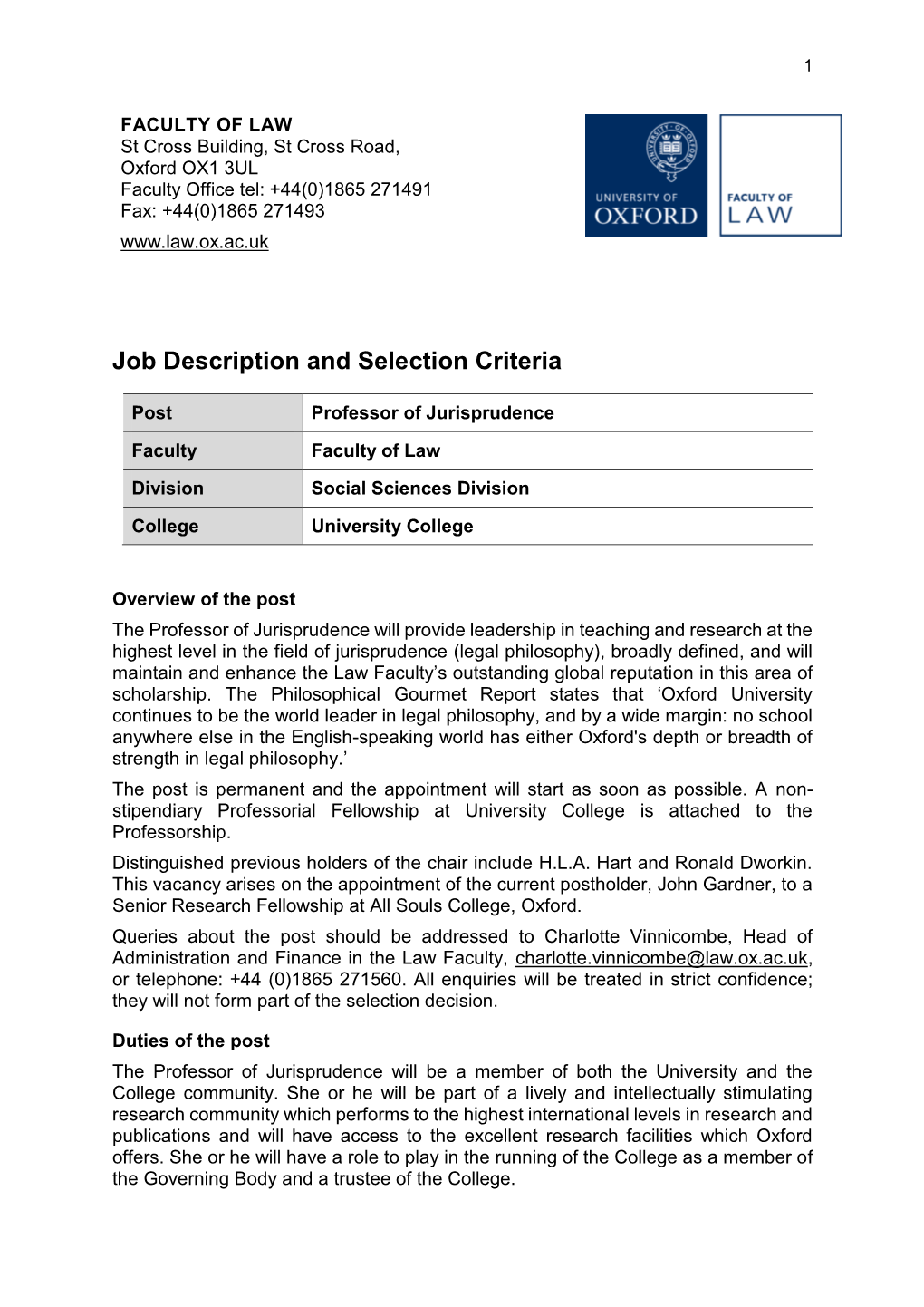 Job Description and Selection Criteria