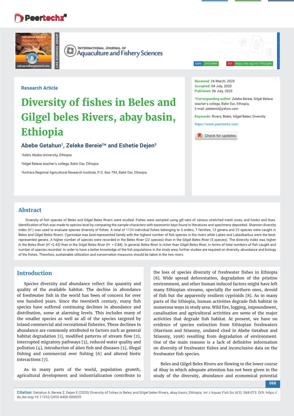 Diversity of Fishes in Beles and Gilgel Beles Rivers, Abay Basin, Ethiopia