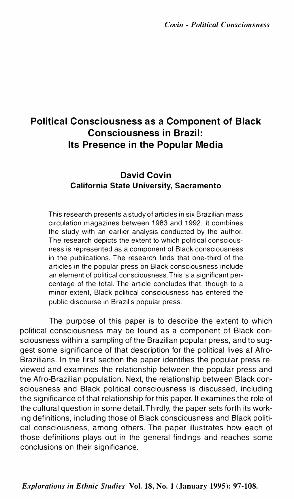 Political Consciousness As a Component of Black Consciousness in Brazil: Its Presence in the Popular Media