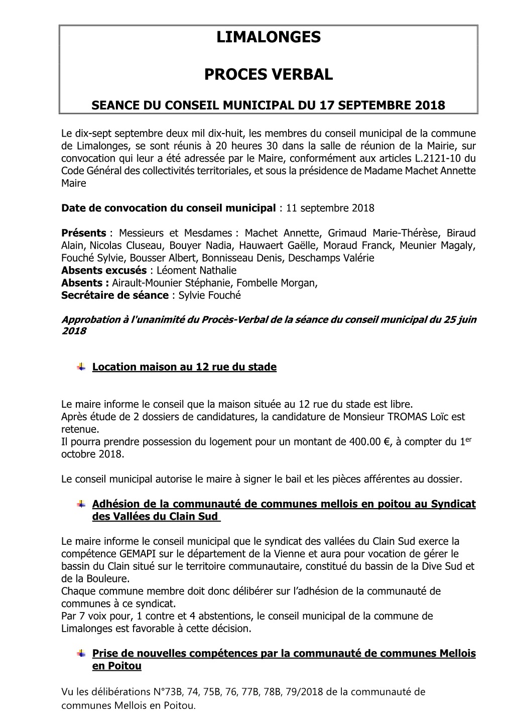 Conseil Municipal Du 17 Septembre 2018