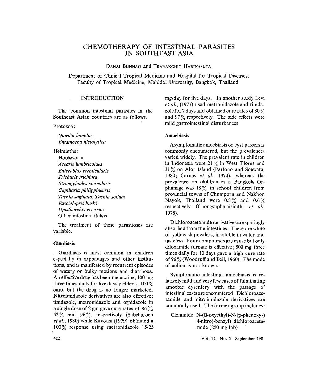 Chemotherapy of Intestinal Parasites in Southeast Asia