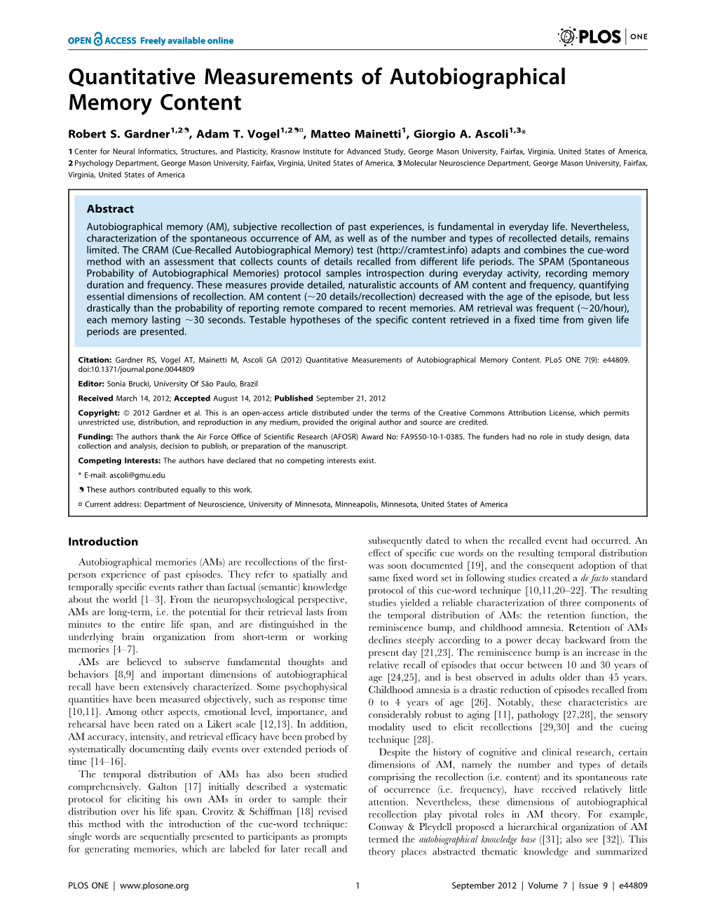 Quantitative Measurements of Autobiographical Memory Content