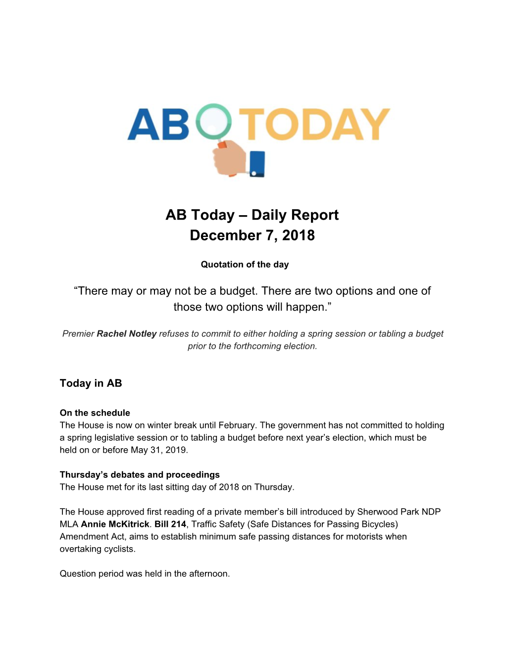 AB Today – Daily Report December 7, 2018