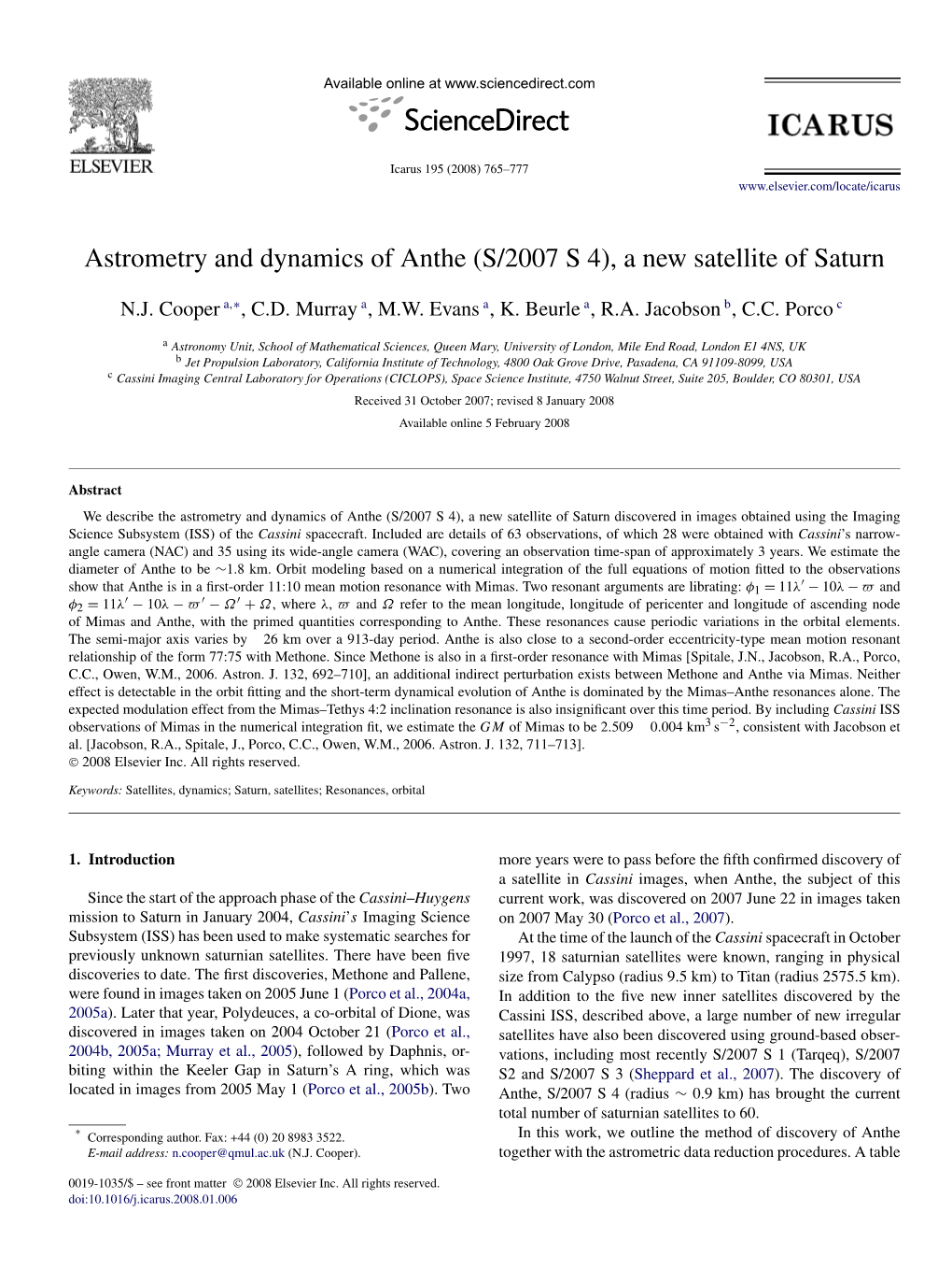 Astrometry and Dynamics of Anthe (S/2007 S 4), a New Satellite of Saturn