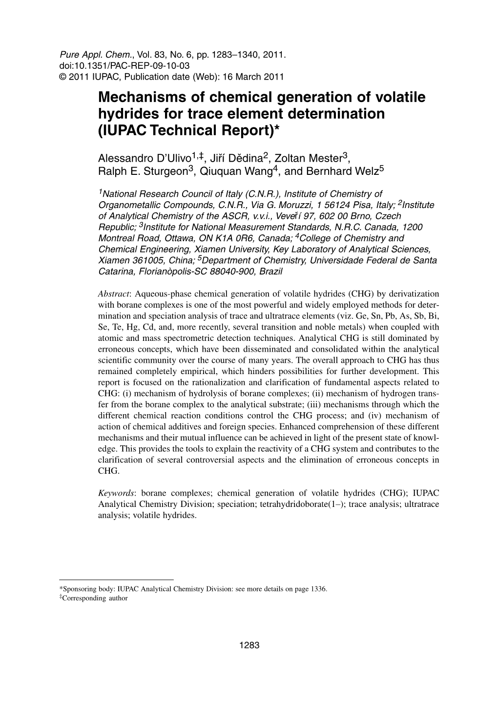 Mechanisms of Chemical Generation of Volatile Hydrides for Trace Element Determination (IUPAC Technical Report)*