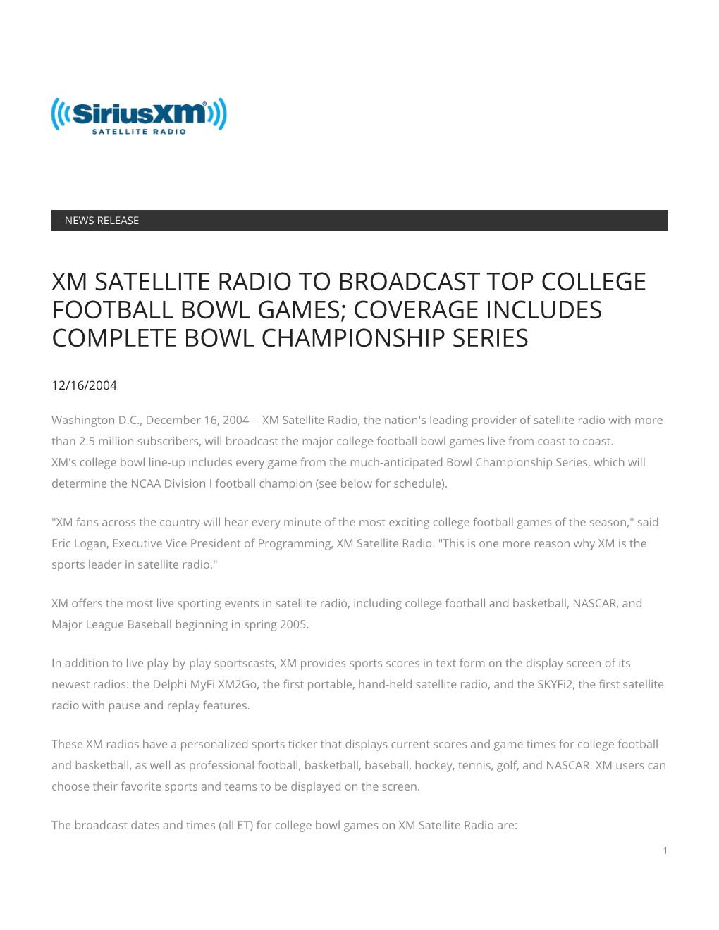 Xm Satellite Radio to Broadcast Top College Football Bowl Games; Coverage Includes Complete Bowl Championship Series