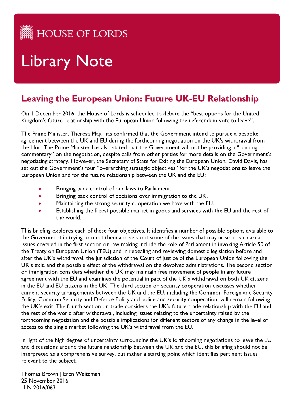 Leaving the European Union: Future UK–EU Relationship