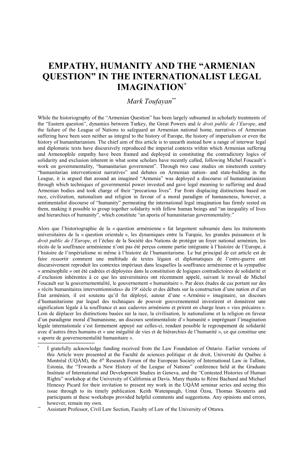 ARMENIAN QUESTION” in the INTERNATIONALIST LEGAL IMAGINATION* Mark Toufayan**