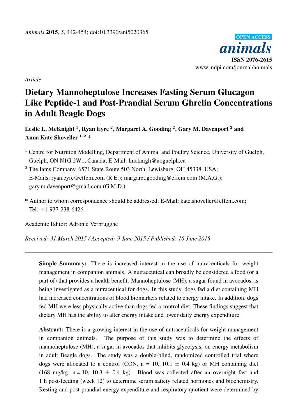 Dietary Mannoheptulose Increases Fasting Serum Glucagon Like Peptide-1 and Post-Prandial Serum Ghrelin Concentrations in Adult Beagle Dogs