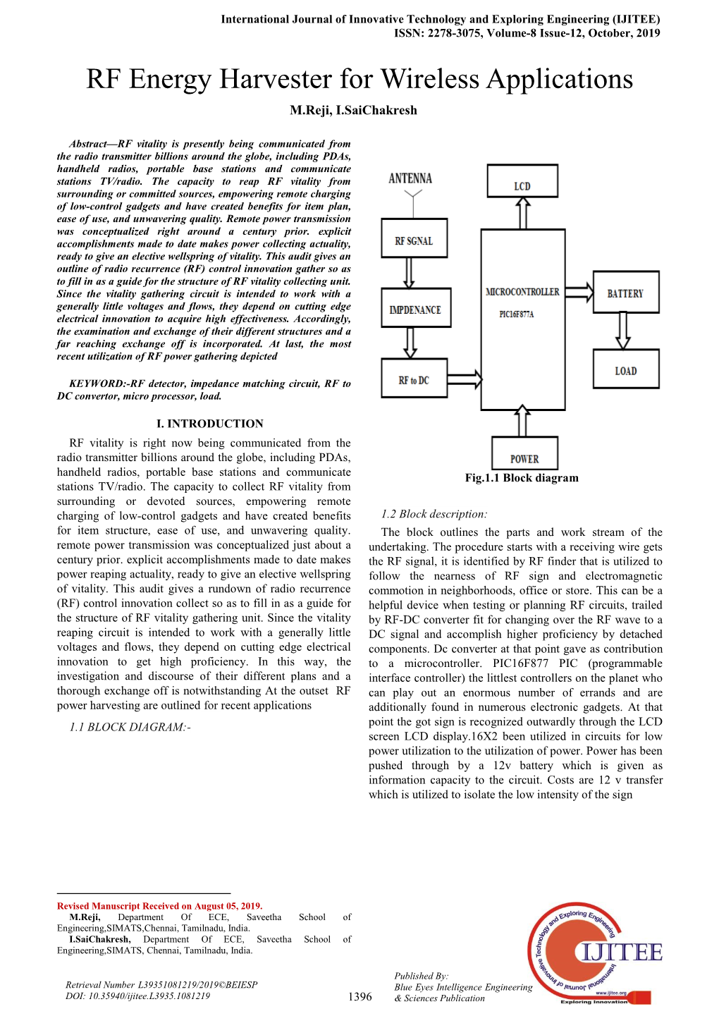 RF Energy Harvester for Wireless Applications