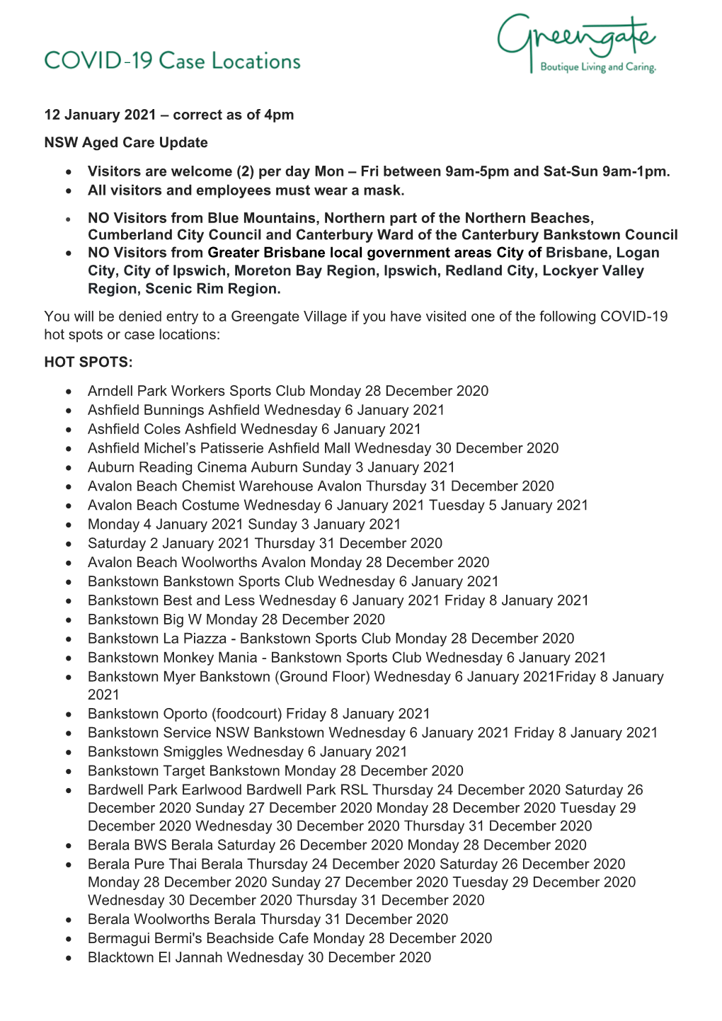 12 January 2021 – Correct As of 4Pm NSW Aged Care Update • Visitors Are Welcome (2) Per Day Mon – Fri Between 9Am-5Pm and Sat-Sun 9Am-1Pm