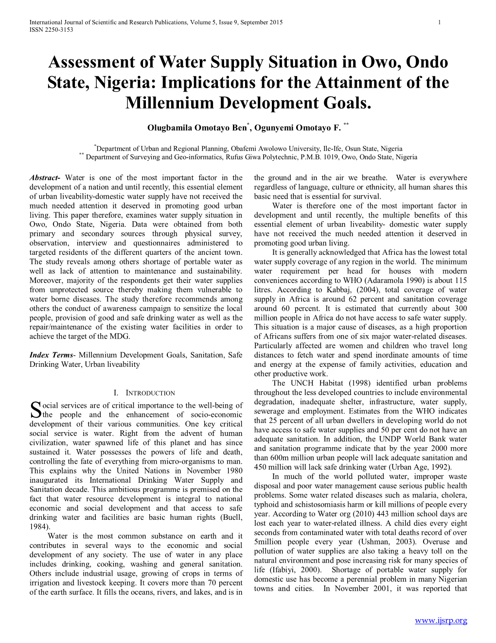 Assessment of Water Supply Situation in Owo, Ondo State, Nigeria: Implications for the Attainment of the Millennium Development Goals