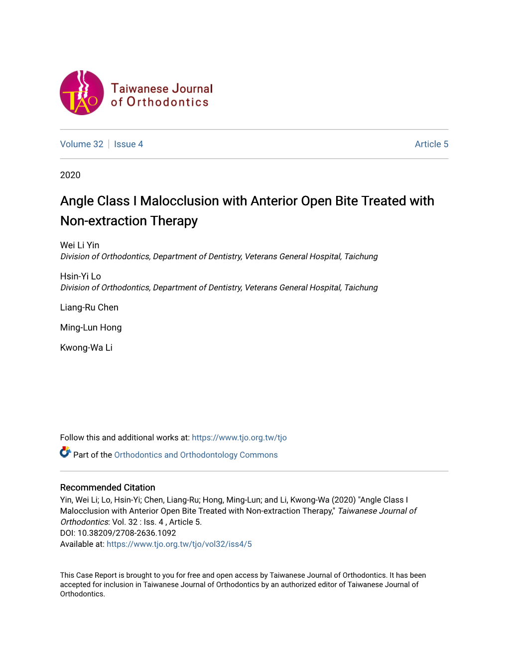 Angle Class I Malocclusion with Anterior Open Bite Treated with Non-Extraction Therapy