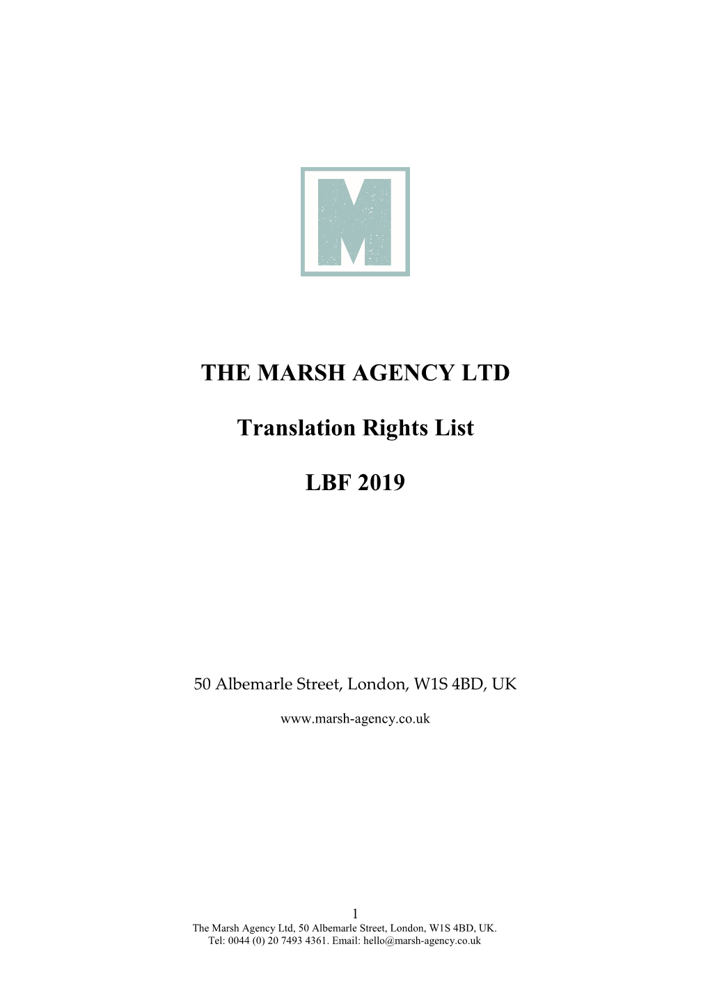 THE MARSH AGENCY LTD Translation Rights List LBF 2019