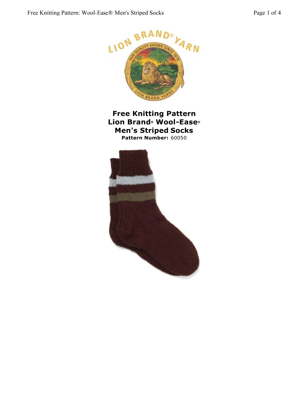 Free Knitting Pattern Lion Brand® Wool-Ease® Men's Striped Socks Pattern Number: 60050