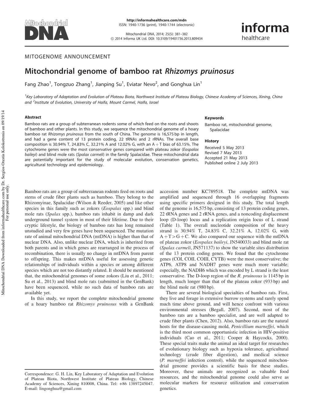 Mitochondrial Genome of Bamboo Rat Rhizomys Pruinosus