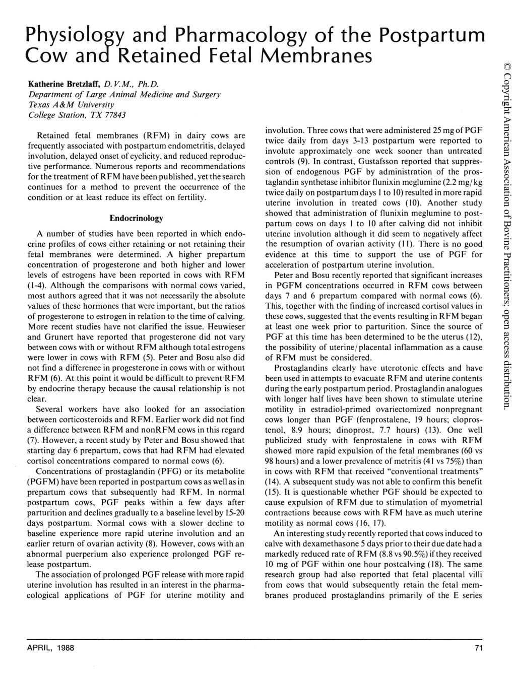 Physiology and Pharmacology of the Postpartum Cow and Retained Fetal Membranes