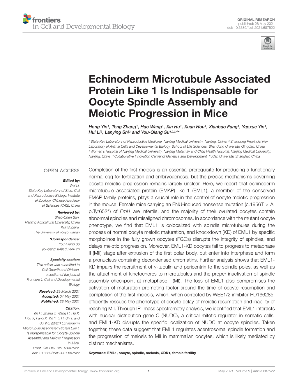 Echinoderm Microtubule Associated Protein Like 1 Is Indispensable for Oocyte Spindle Assembly and Meiotic Progression in Mice