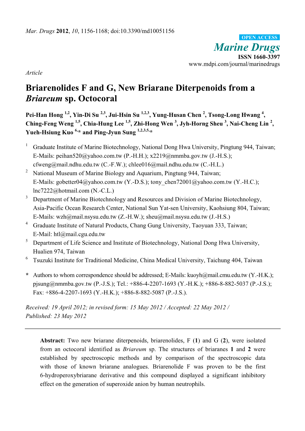 Briarenolides F and G, New Briarane Diterpenoids from a Briareum Sp