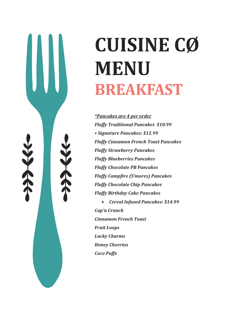 Cuisine Cø Menu Breakfast