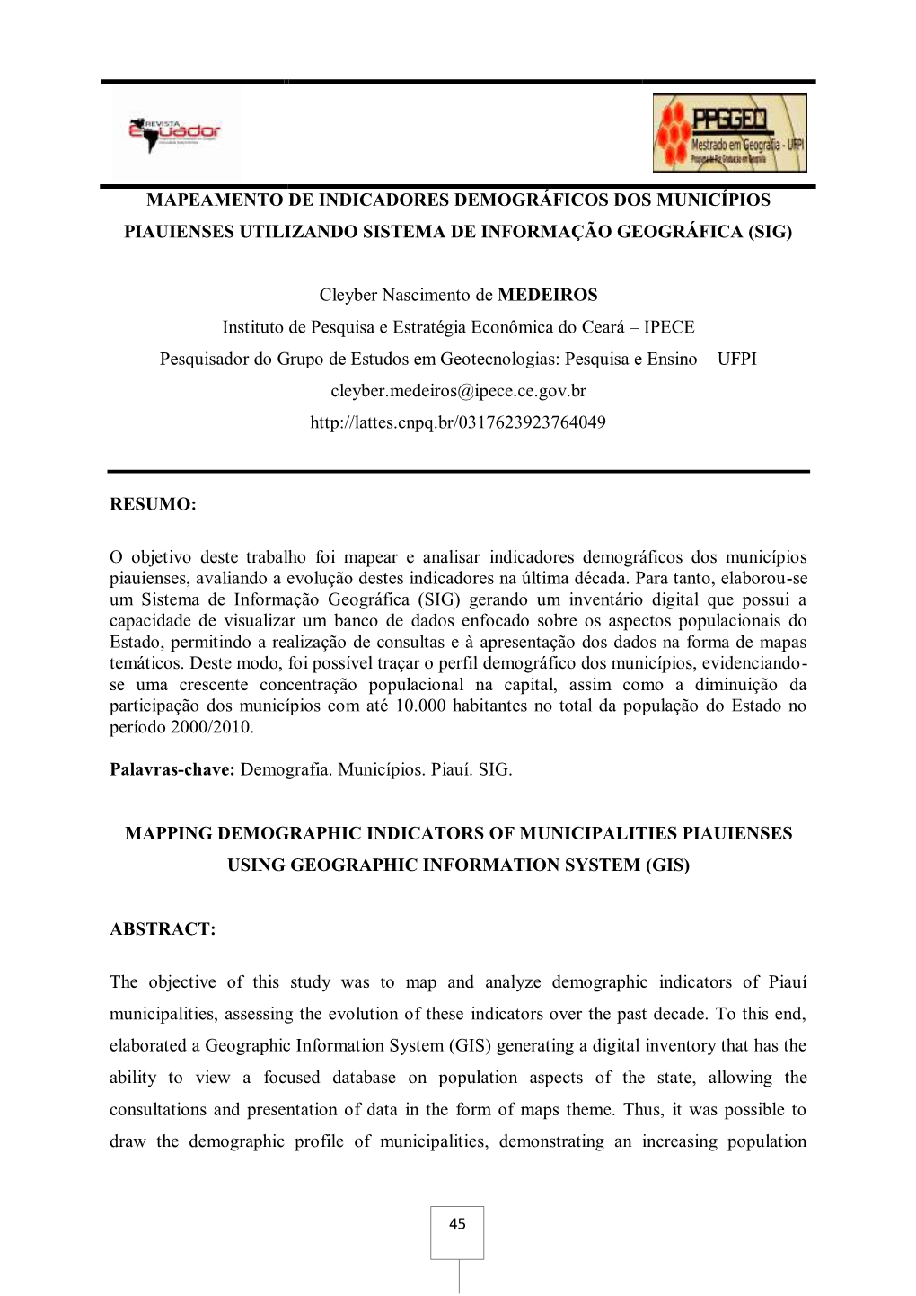 Mapeamento De Indicadores Demográficos Dos Municípios Piauienses Utilizando Sistema De Informação Geográfica (Sig)