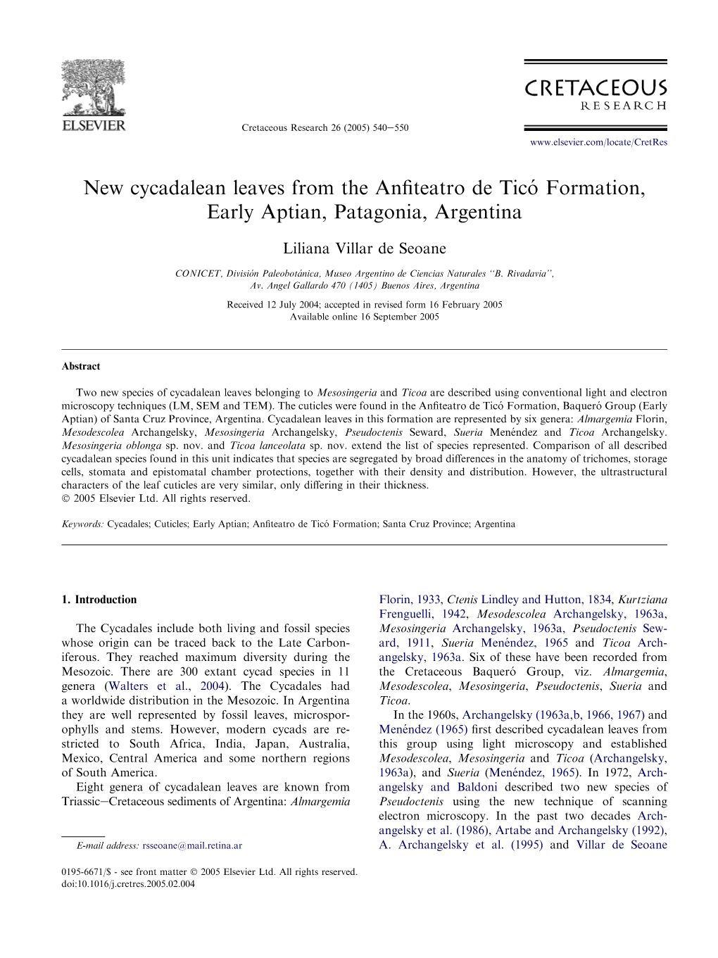 New Cycadalean Leaves from the Anfiteatro De Ticￃﾳ Formation, Early