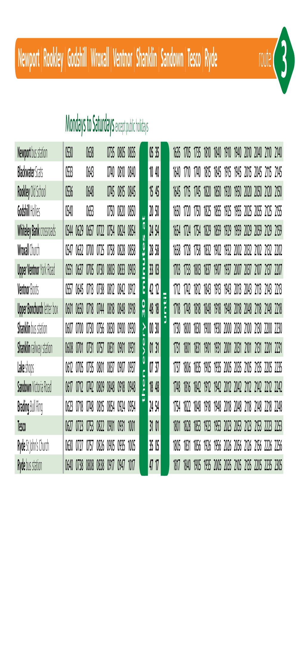 Newport | Rookley | Godshill | Wroxall | Ventnor | Shanklin | Sandown | Tesco | Ryde Route 3