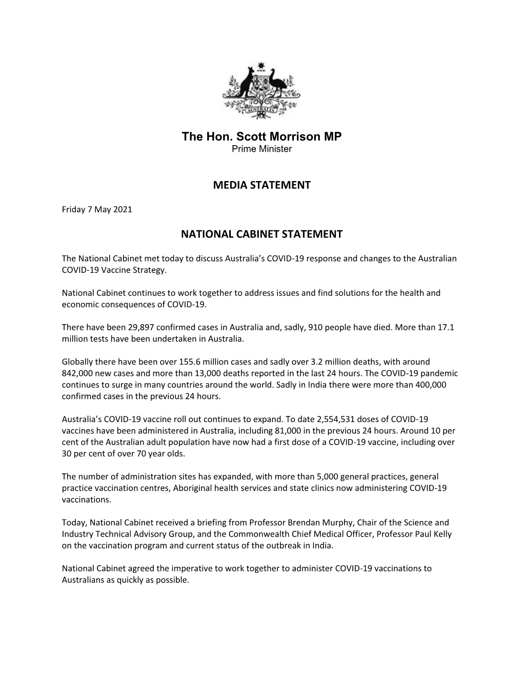 The Hon. Scott Morrison MP MEDIA STATEMENT NATIONAL CABINET