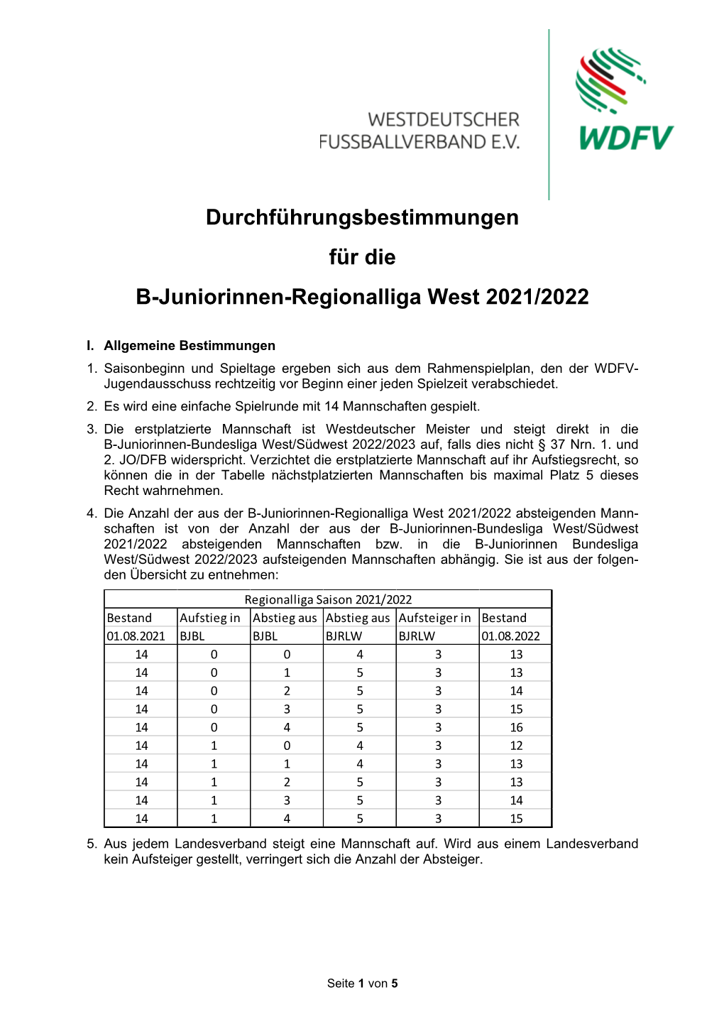 Durchführungsbestimmungen Für Die B-Juniorinnen-Regionalliga West 2021/2022