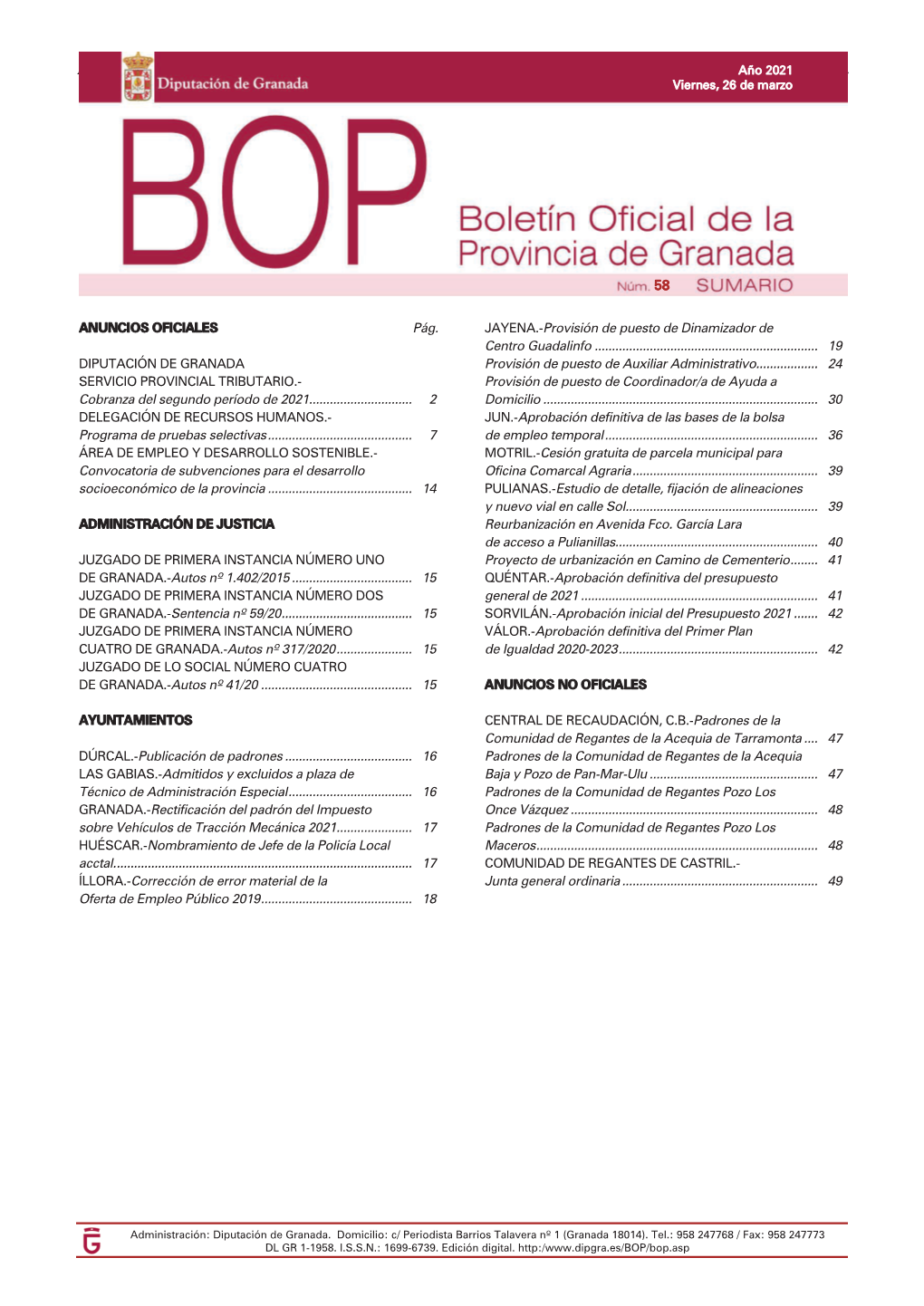 Granada, Viernes, 26 De Marzo De 2021 Granada, Martes, 11 De Septiembre De 2008 B.O.P. Número 63 Página 58 Pág. Cobranza
