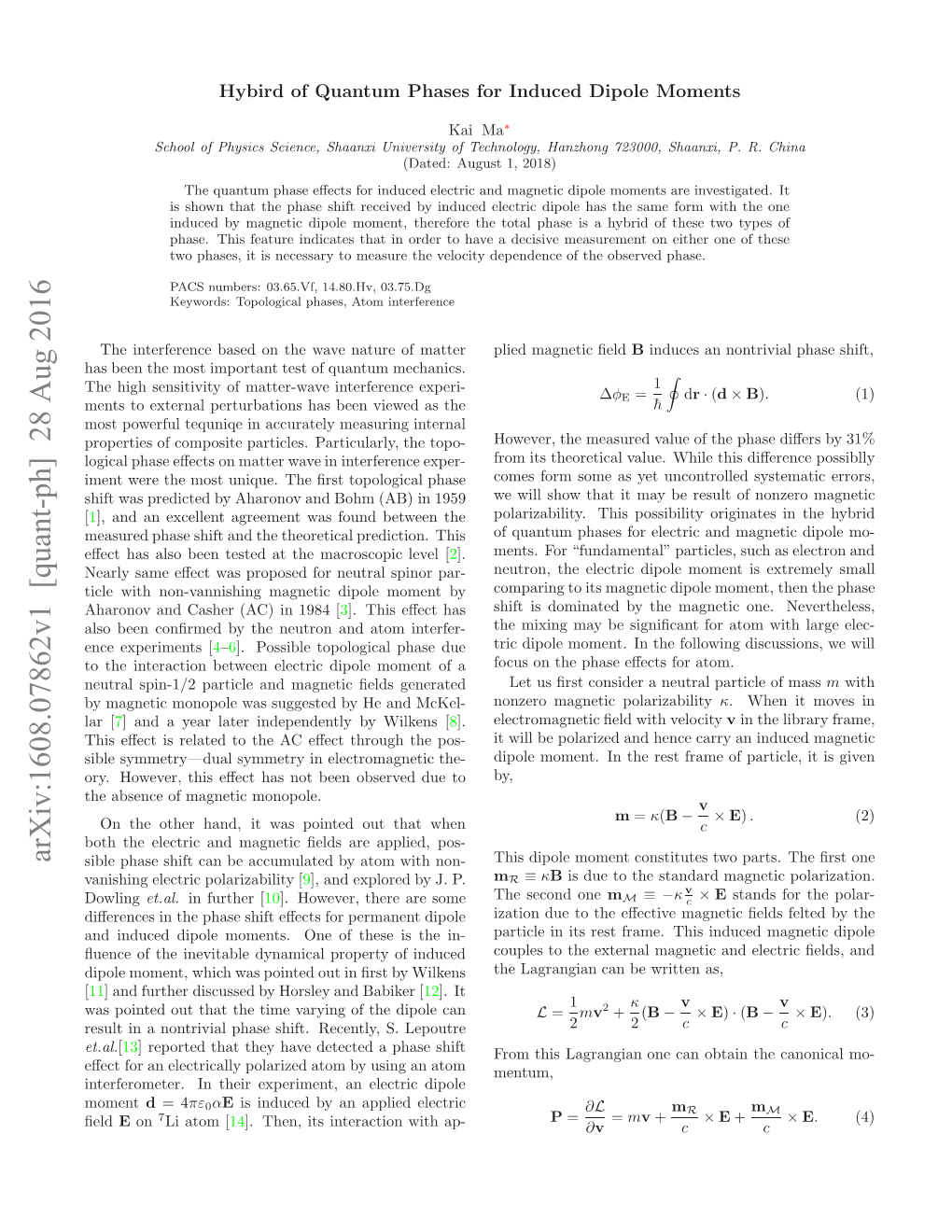 Arxiv:1608.07862V1 [Quant-Ph] 28 Aug 2016 Nefrmtr Ntereprmn,A Lcrcdipole Electric an Experiment, Atom Their Moment an in Using by Atom Interferometer