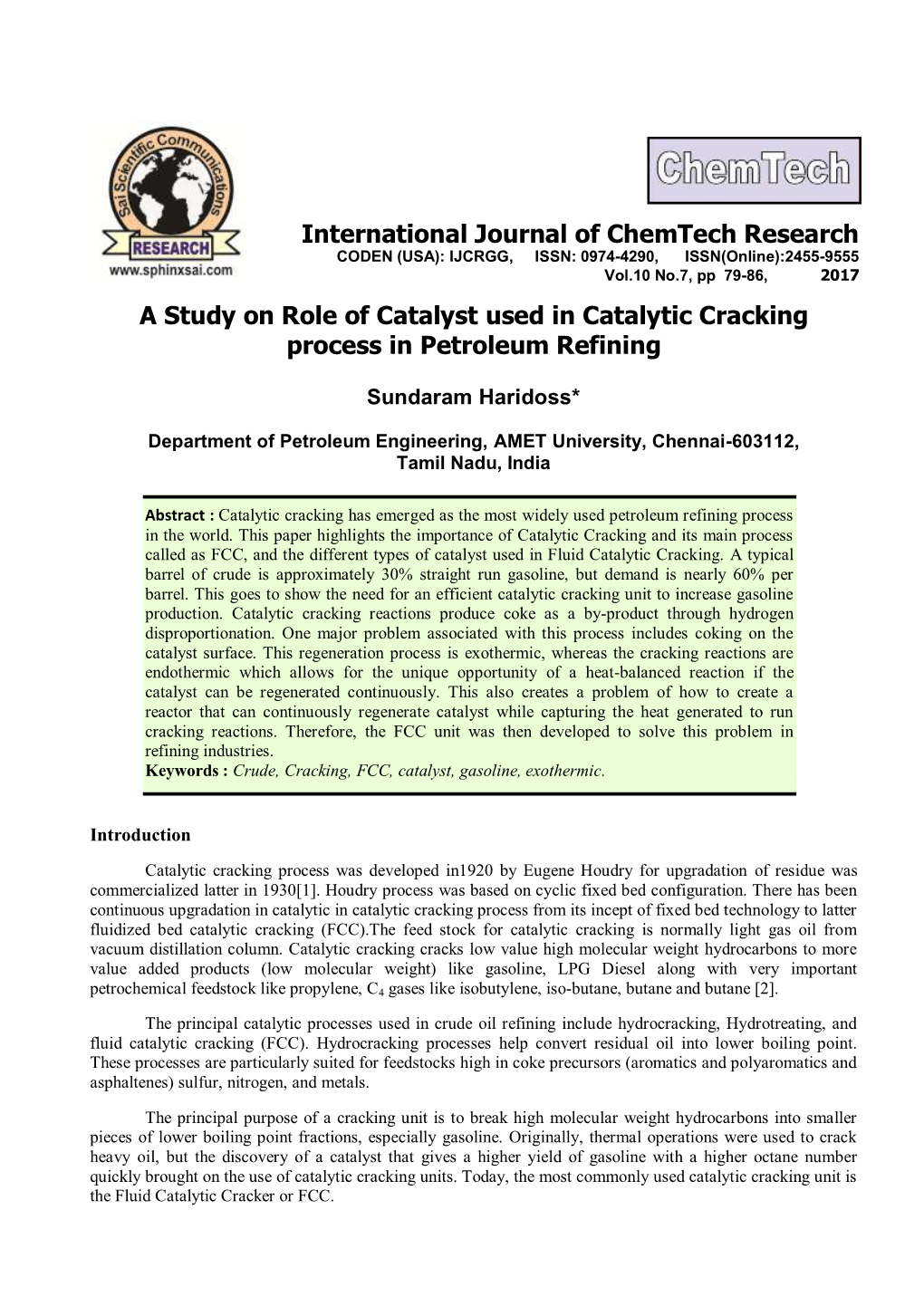 A Study on Role of Catalyst Used in Catalytic Cracking Process in Petroleum Refining