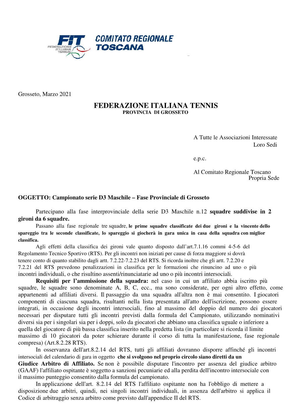 Lettera Presentazione Campionato D3 M 2021