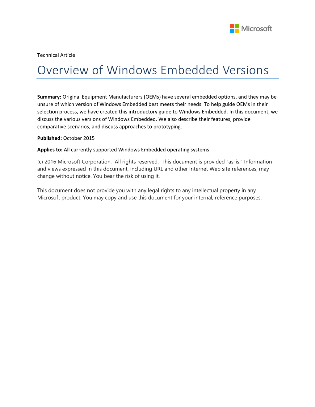 Overview of Windows Embedded Versions