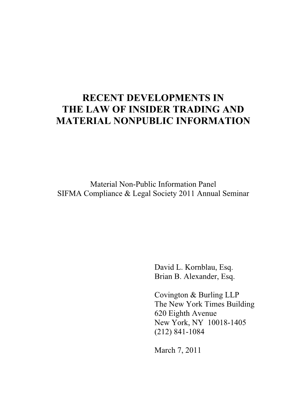 Recent Developments in the Law of Insider Trading and Material Nonpublic Information