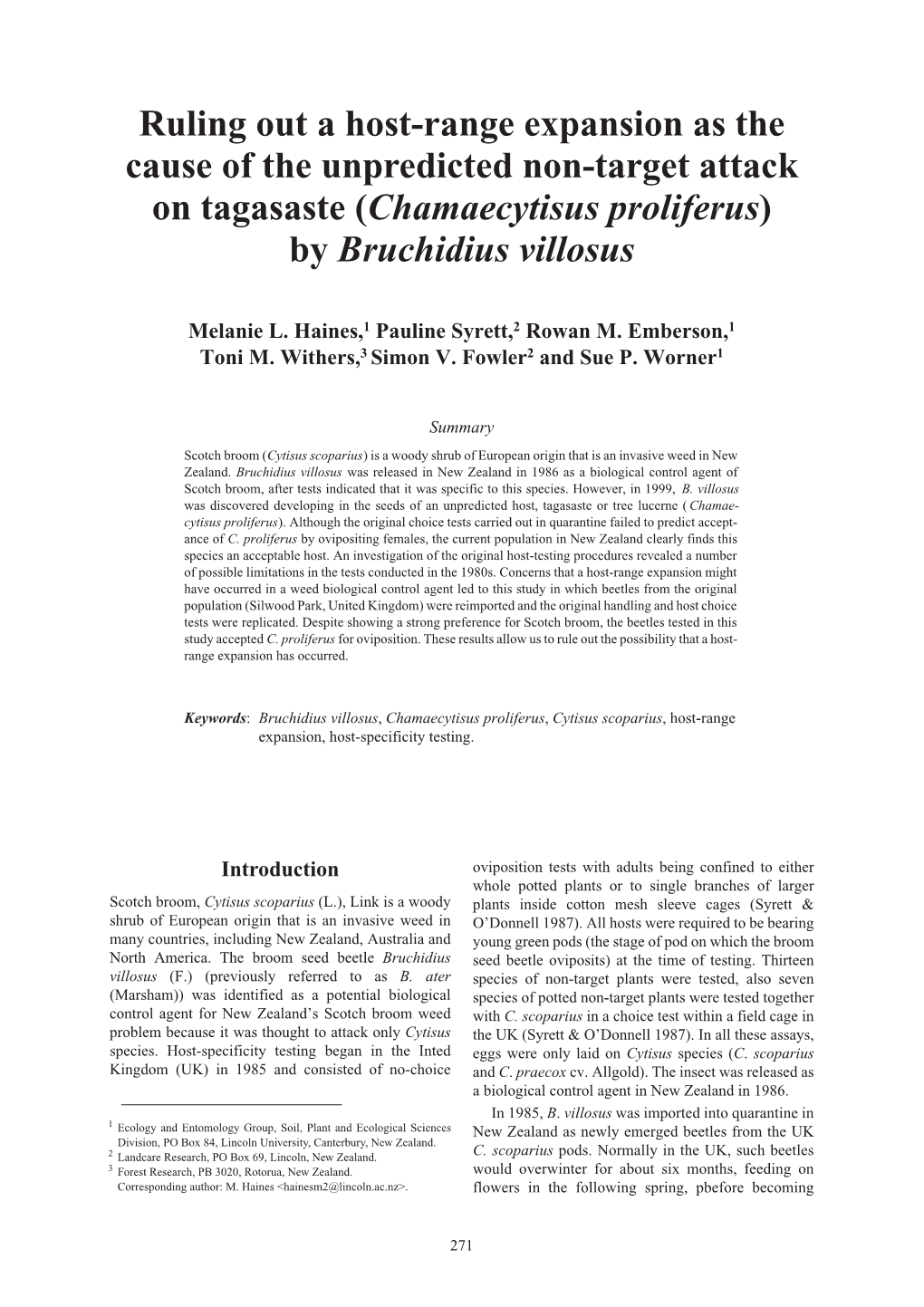 Ruling out a Host-Range Expansion As the Cause of the Unpredicted Non-Target Attack on Tagasaste (Chamaecytisus Proliferus) by Bruchidius Villosus