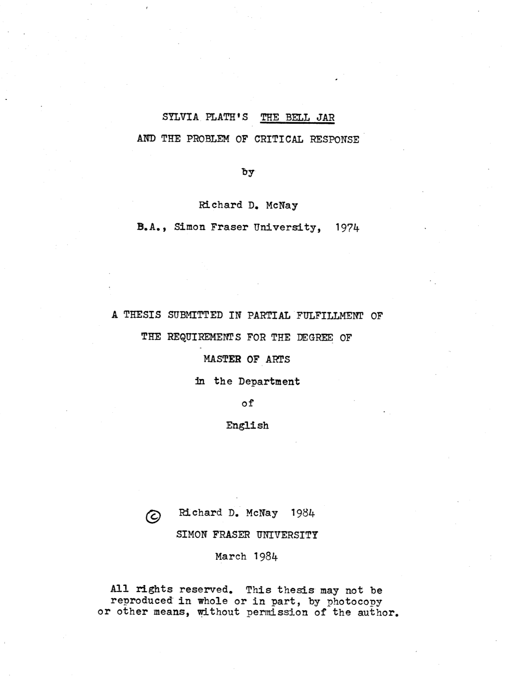 Sylvia Plath's the Bell Jar and the Problem of Critical Response.Fl -__I___