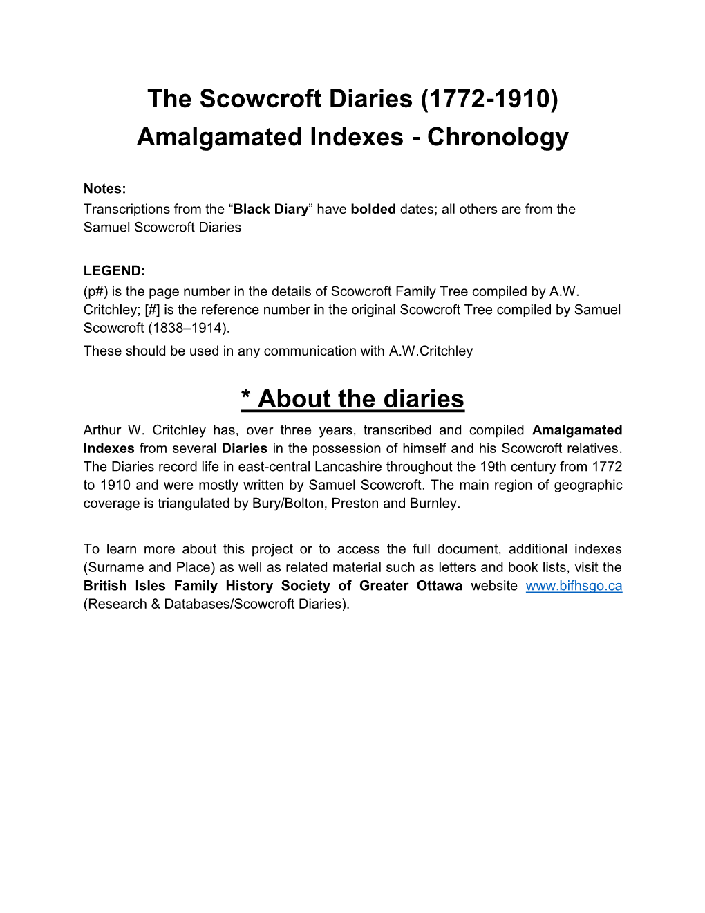 The Scowcroft Diaries (1772-1910) Amalgamated Indexes - Chronology