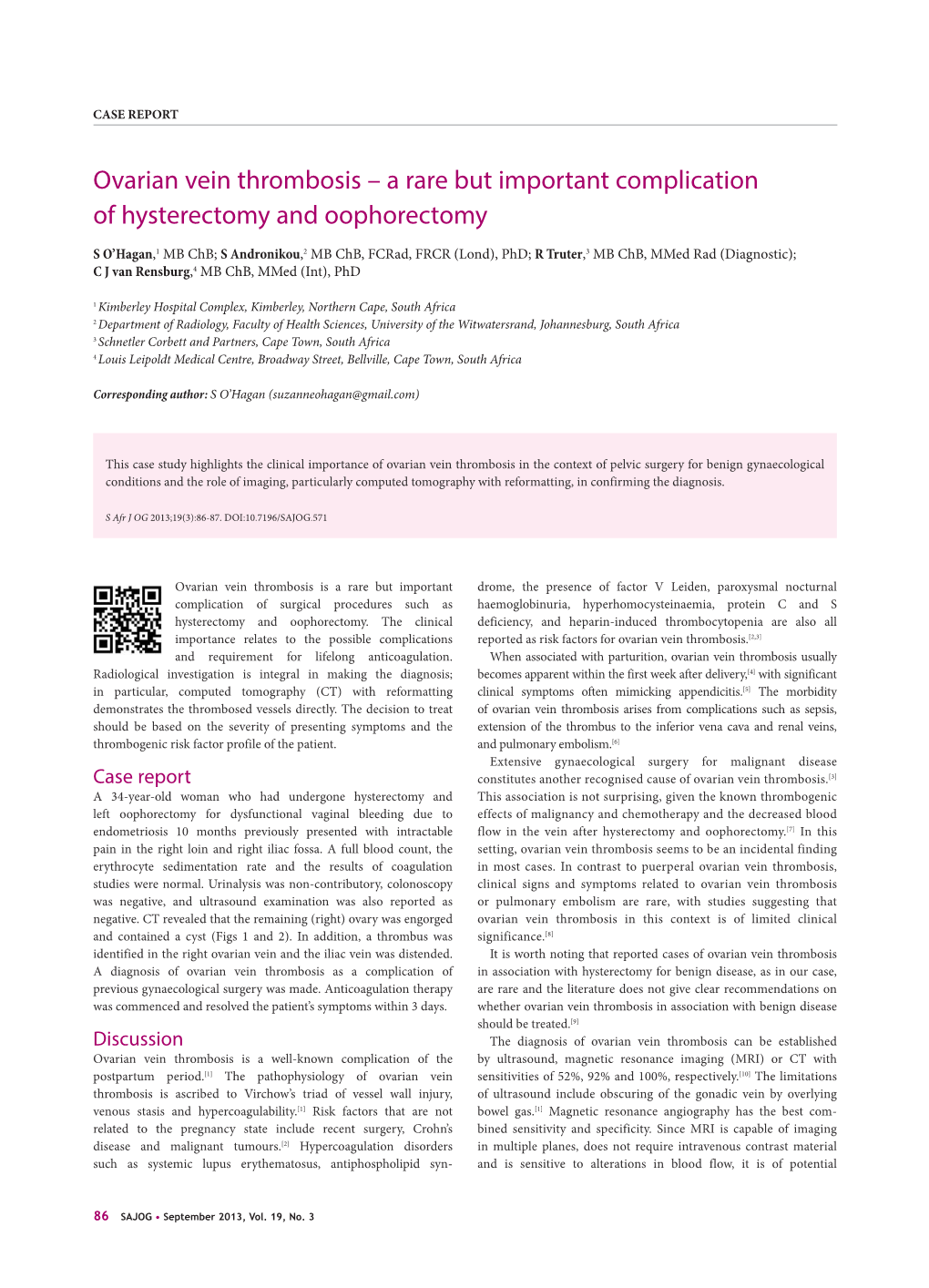 Ovarian Vein Thrombosis – a Rare but Important Complication of Hysterectomy and Oophorectomy