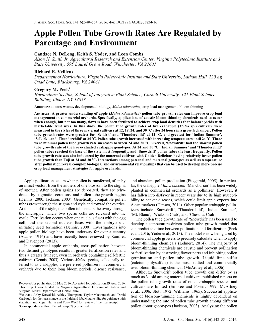 Apple Pollen Tube Growth Rates Are Regulated by Parentage and Environment