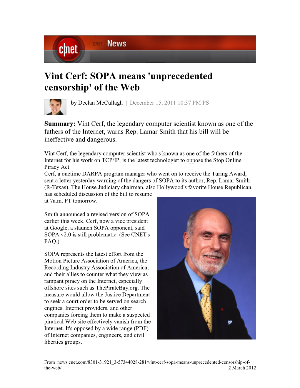 Vint Cerf: SOPA Means 'Unprecedented Censorship' of the Web