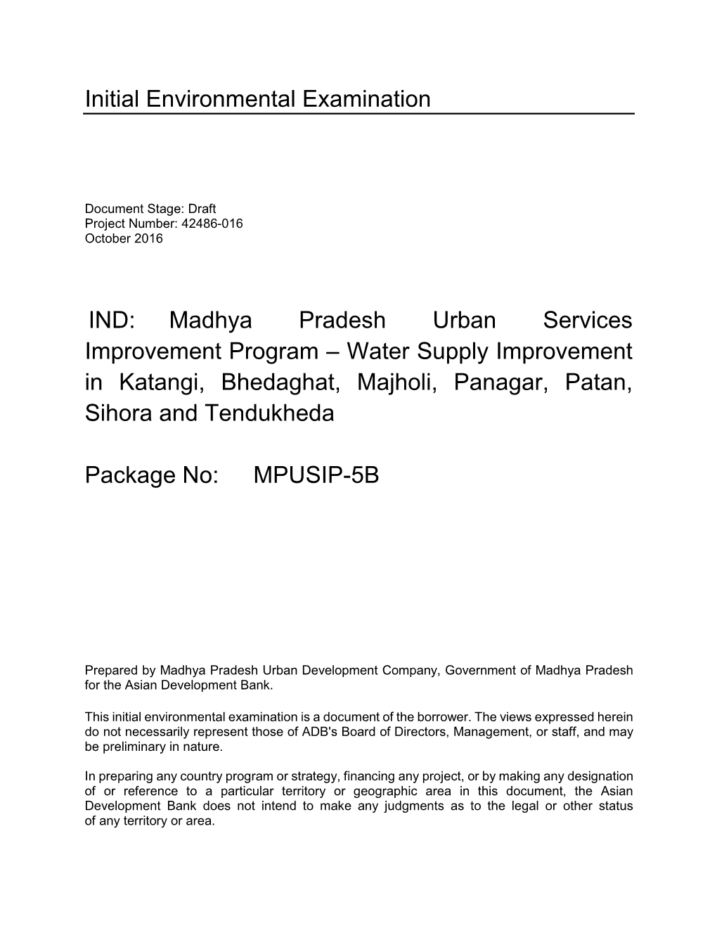 Madhya Pradesh Urban Services Improvement Project: Package 5B