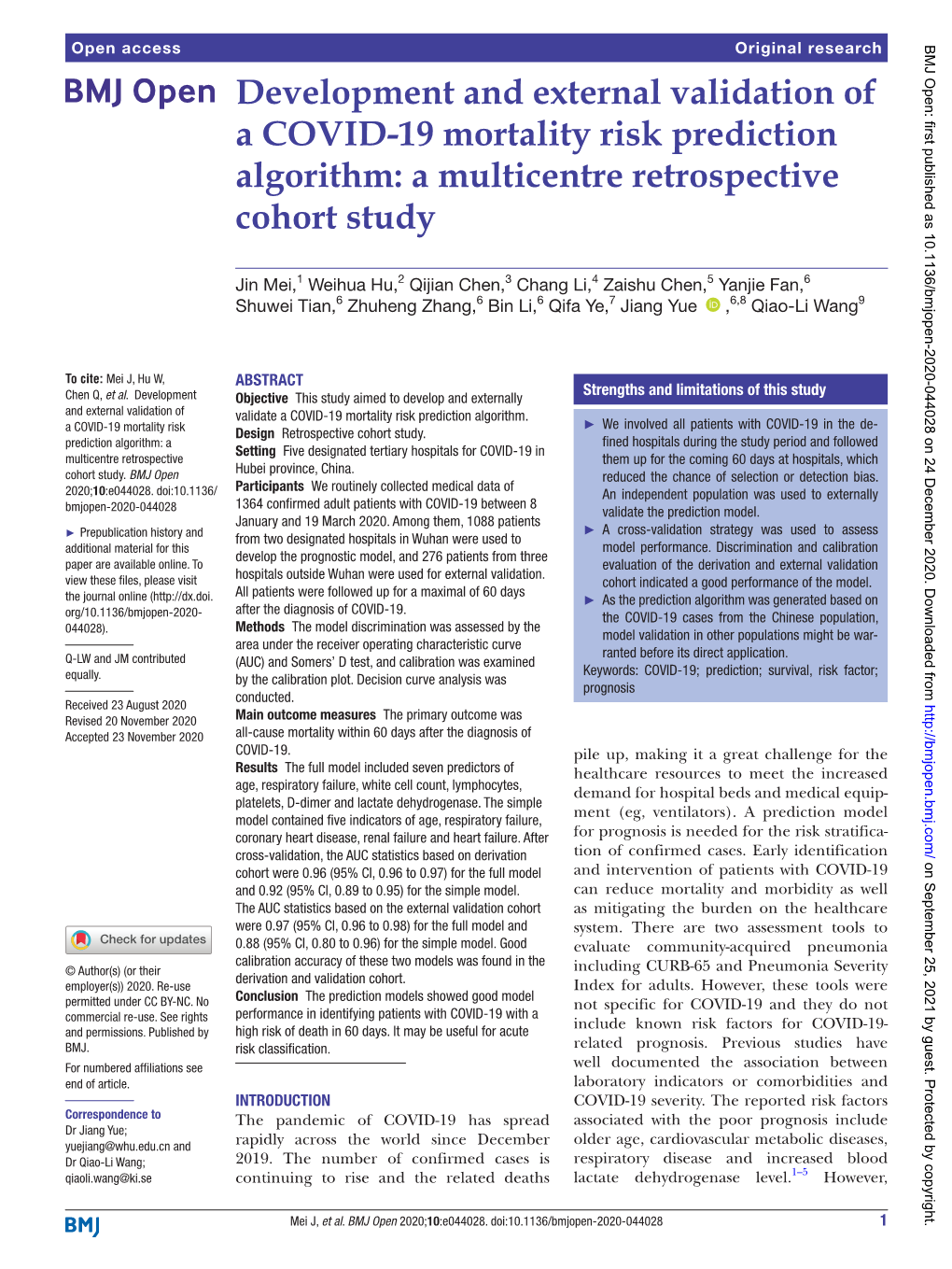 Development and External Validation of a COVID-19 Mortality Risk Prediction Algorithm: a Multicentre Retrospective Cohort Study
