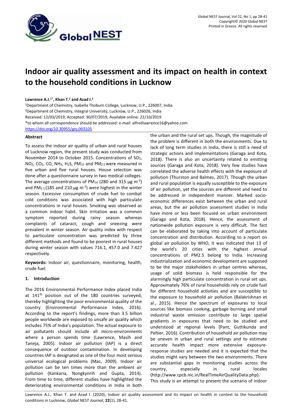 Indoor Air Quality Assessment and Its Impact on Health in Context to the Household Conditions in Lucknow