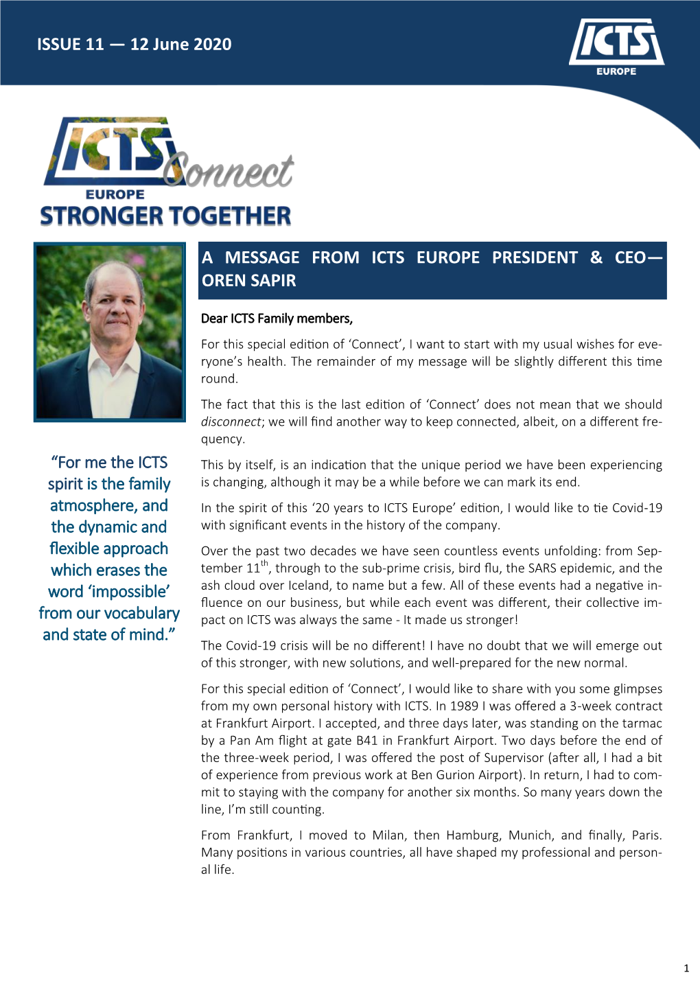 A Message from Icts Europe President & Ceo— Oren Sapir