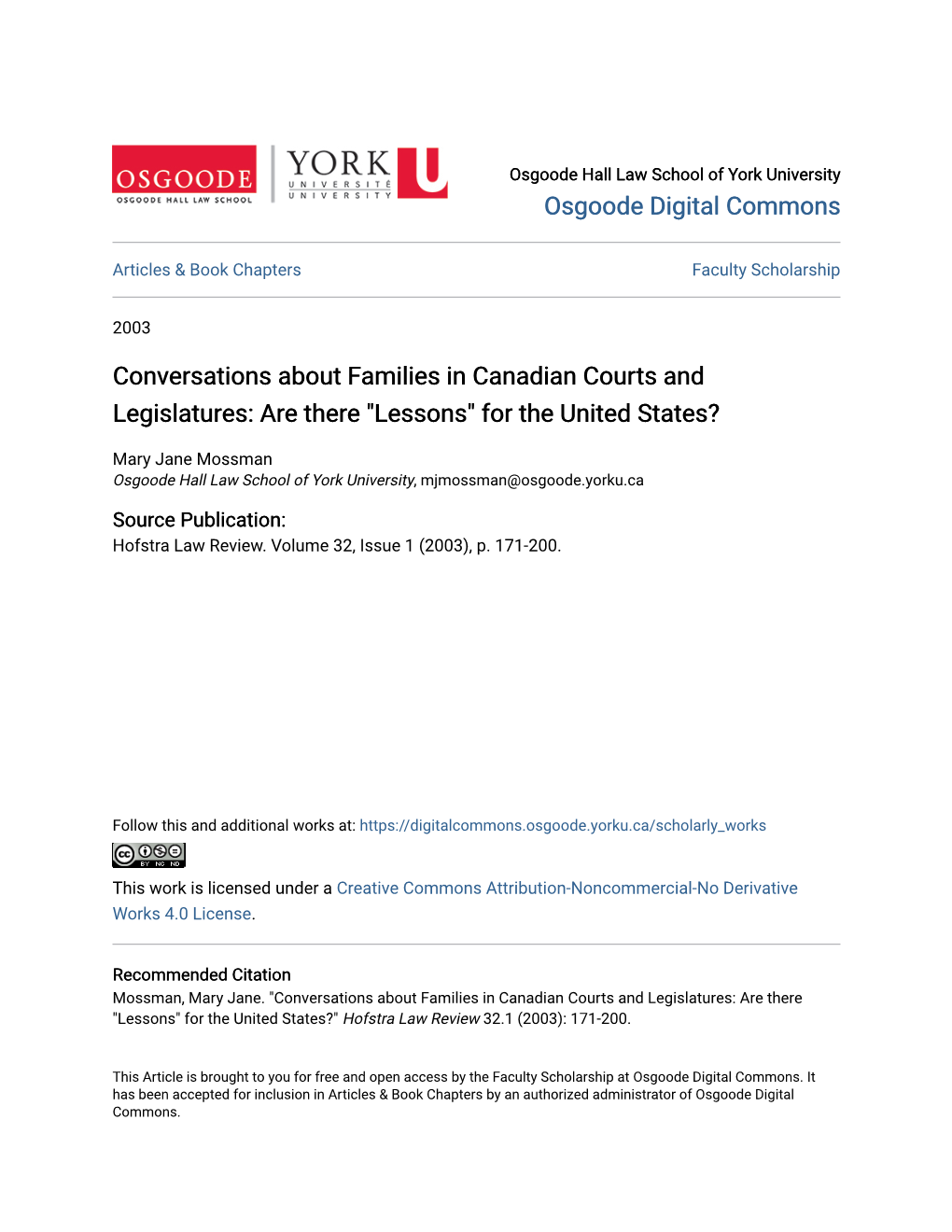 Conversations About Families in Canadian Courts and Legislatures: Are There "Lessons" for the United States?