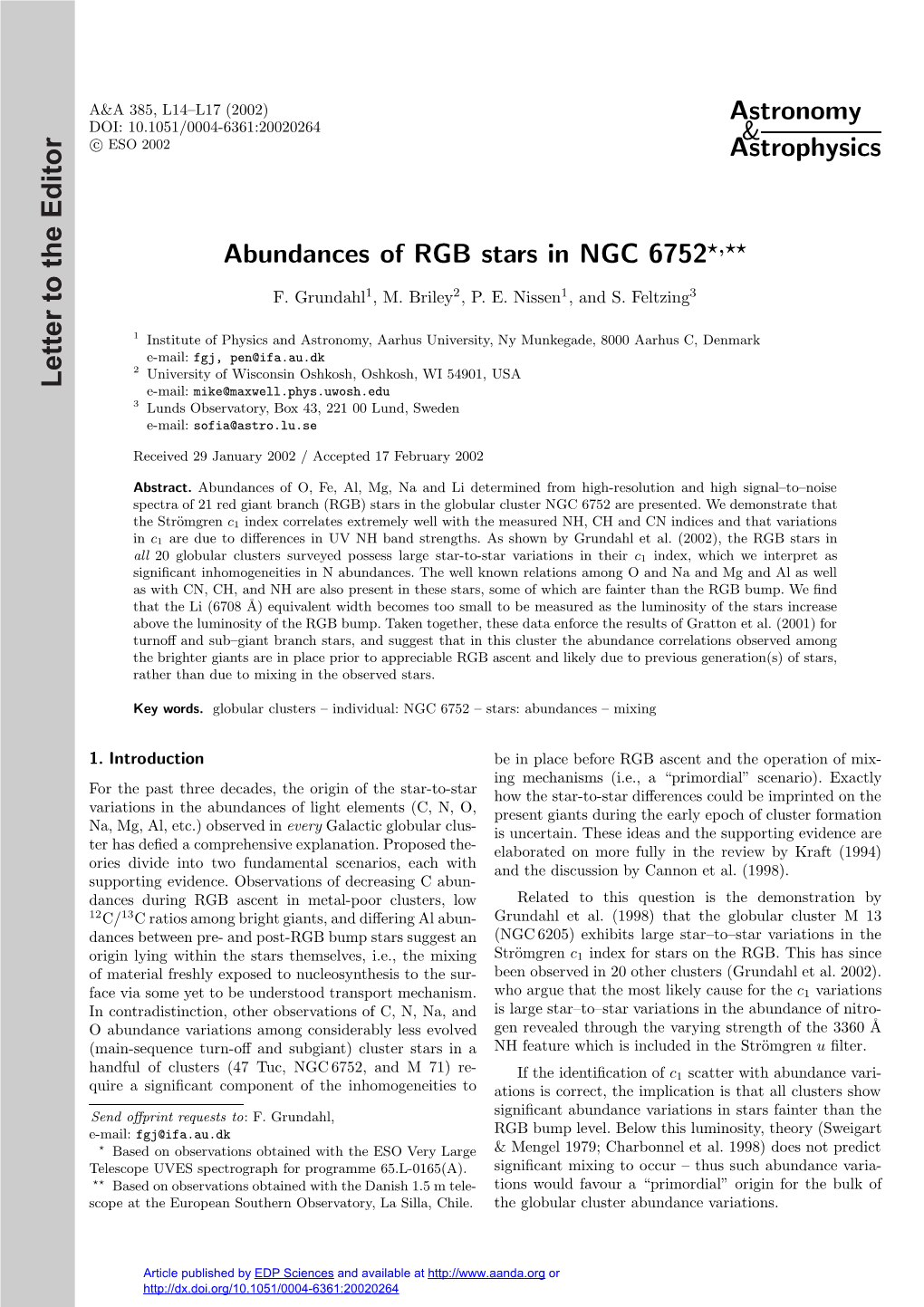 Abundances of RGB Stars in NGC 6752?,??