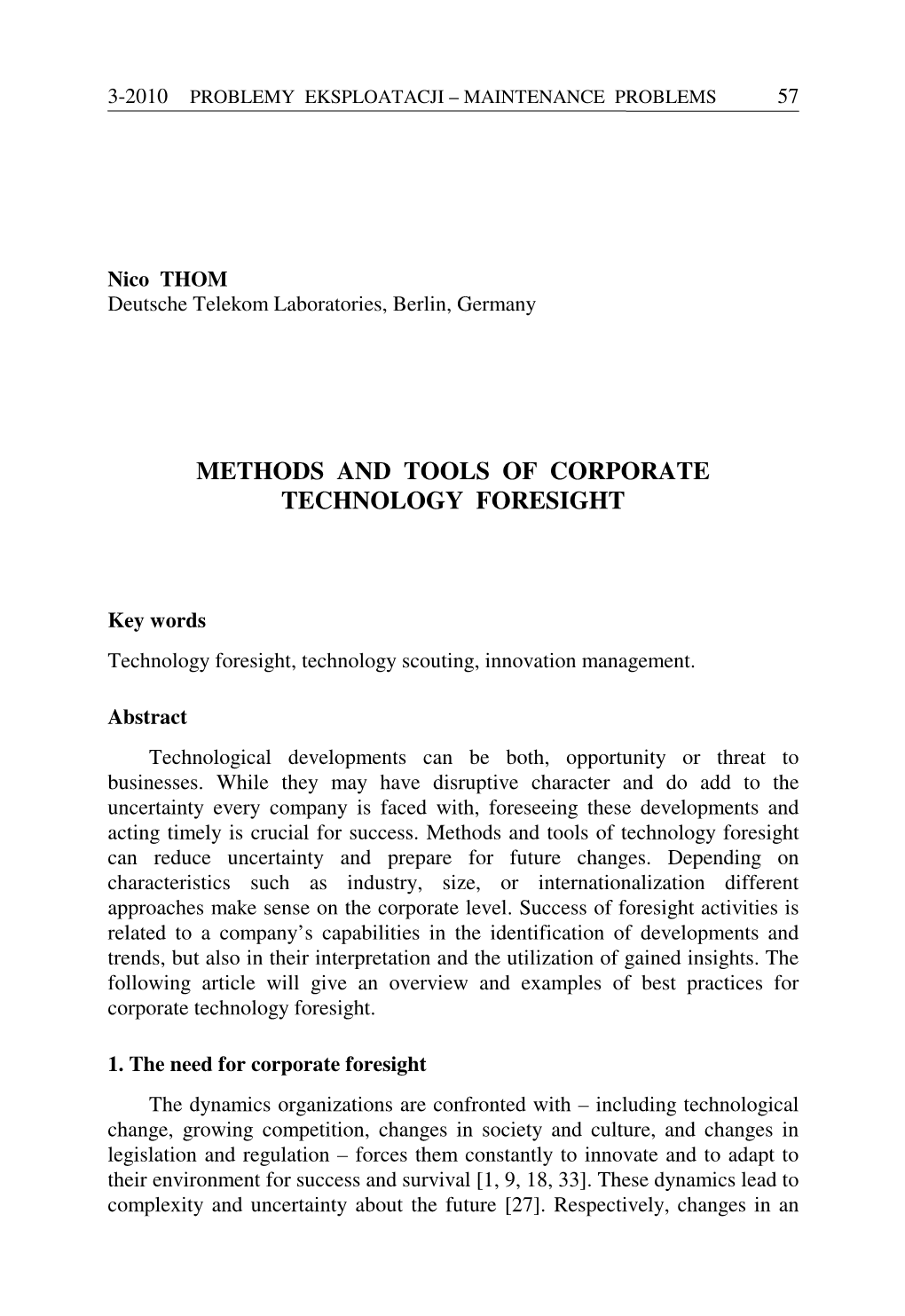 Methods and Tools of Corporate Technology Foresight